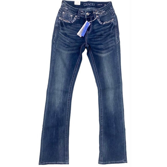 Grace in LA Women's Embroidered Distressed Flap Pocket Bootcut Stretch Jeans - Picture 6 of 7